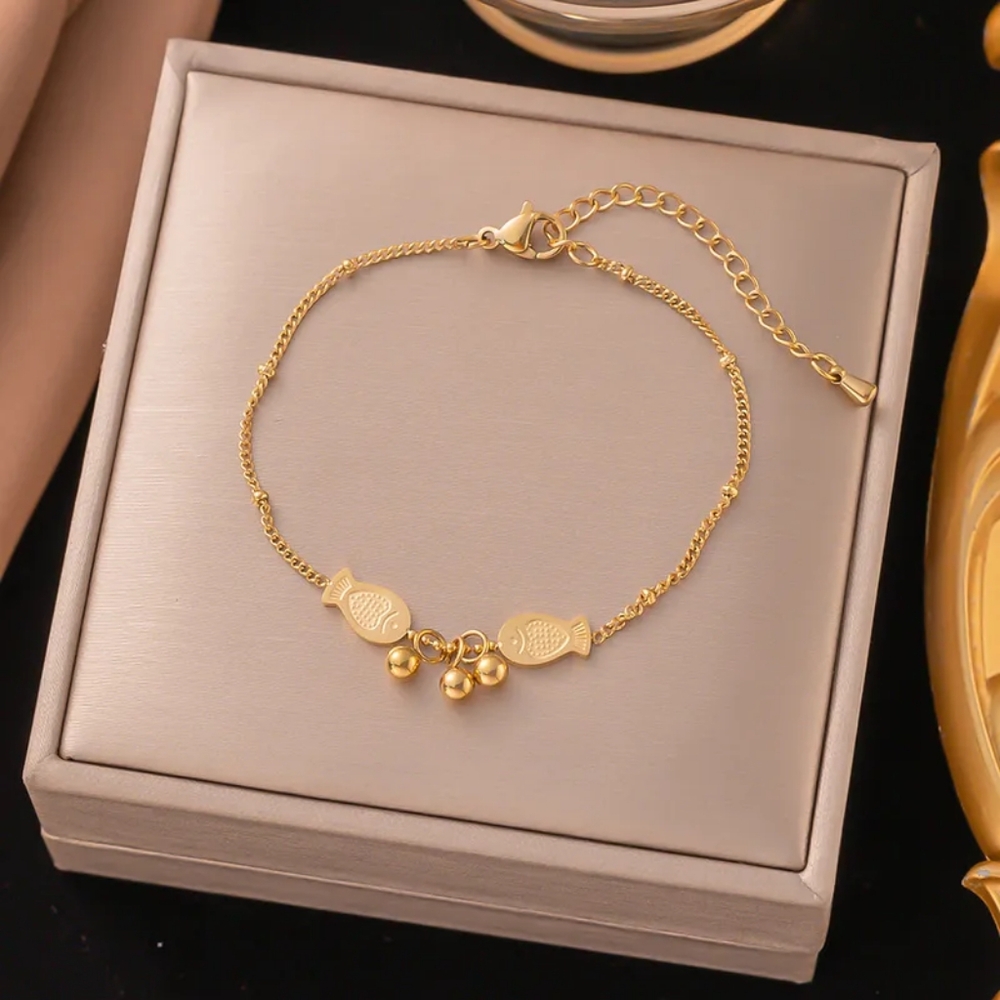 Gold Fish Anklet Bracelet with Dangle Beads Dainty Nautical Adjustable - Picture 10 of 14